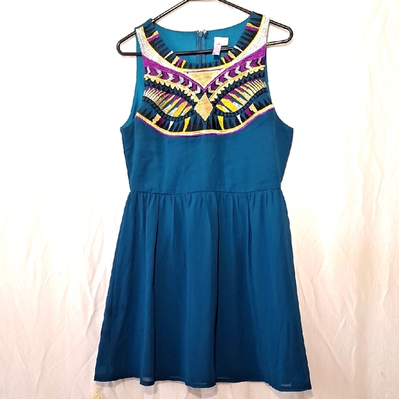 Alya Dresses & Skirts - 3/$23-Teal Sleeveless Midi Dress with Colorful Embroidery And Sequins, 8, NWOT